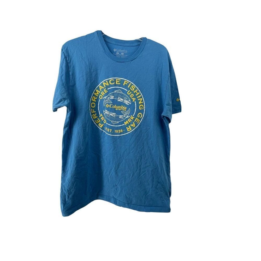Columbia PFG T-Shirt Mens Size L Blue Short Sleeve Fishing Trout Crewneck Casual